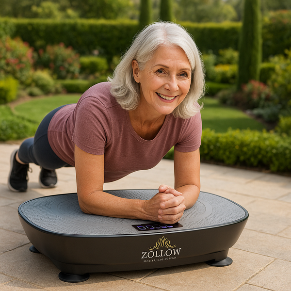 Senior woman using Zollow™ Vibration Plate for improved circulation and recovery